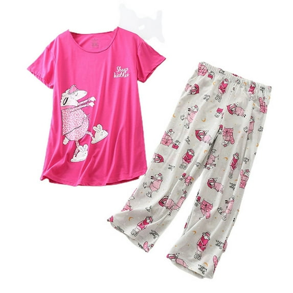 SWSMCLT Women's Cotton Pajama Set Cute 2 Piece Short Sleeve Shirt Capri Pant Pj Sleepwear Cartoon Lounge Set Comfy Summer Loungewear V Neck Patterned19 Large