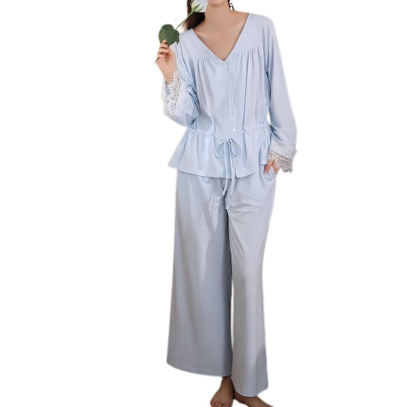 SWSMCLT Women's Cotton Pajama Set Lounge Set Soft Button Up Sleepwear V Neck Princess Frill Ruffle Pj Set Long Sleeve Pants Light Blue X-Large