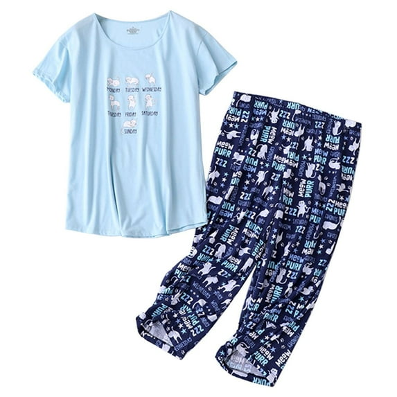 SWSMCLT Women's Cotton Pajama Set Short Sleeve Spring Thin Breathable Lounge Set Pjs Summer Fall Capri Soft Loose Patterned3 Large