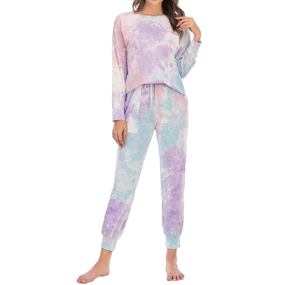 SWSMCLT Women's Cotton Pajama Set Tie Dye Soft 2 Piece Loungewear Sleepwear Warm Sleeping Set Long Sleeve Long Pants Lounge Set Lightweight Fall Winter Green Small