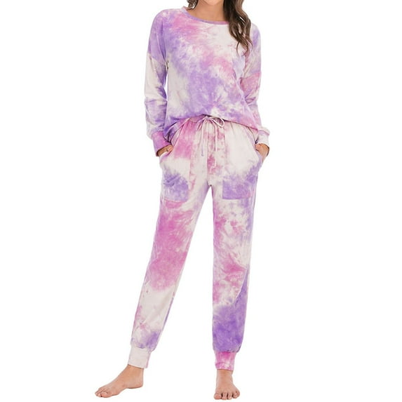 SWSMCLT Women's Cotton Pajama Set Tie Dye Soft 2 Piece Loungewear Sleepwear Warm Sleeping Set Long Sleeve Long Pants Lounge Set Lightweight Fall Winter Purple XX-Large