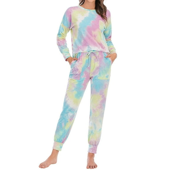 SWSMCLT Women's Cotton Pajama Set Tie Dye Soft 2 Piece Loungewear Sleepwear Warm Sleeping Set Long Sleeve Long Pants Lounge Set Lightweight Fall Winter Pink Small