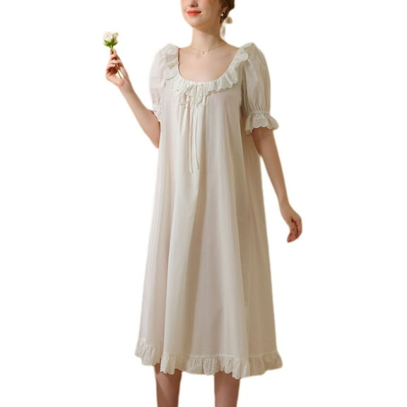 SWSMCLT Women's Cotton Pajamas Princess Pjs Cute Thin Bow Ruffle Comfy Spaghetti Strap Loungewear Short Sleeve Long Summer White Large