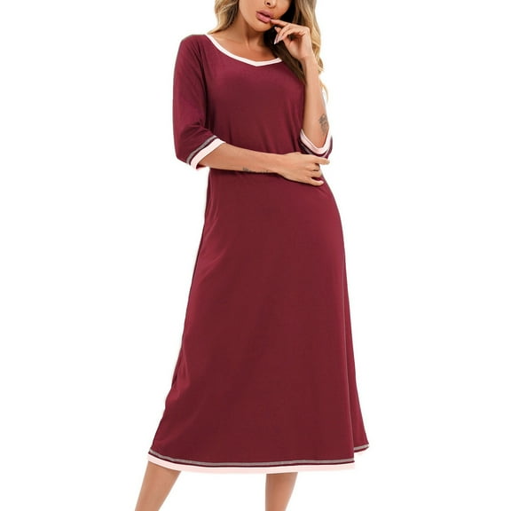 SWSMCLT Women's Cotton Pajamas Soft Nightgown Loose Breathable Half Sleeve Pjs Comfy Fall Home Thin Sleeping Burgundy Medium