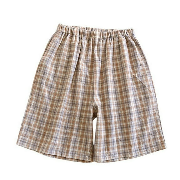 SWSMCLT Women's Cotton Sleep Shorts Plaid Printed Cotton Cool Medium Waist Elastic Band Basic Sleep Lounge Pajama Bottom Coffee 14