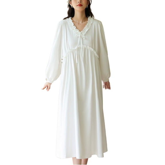 SWSMCLT Women's Cotton Victorian Nightgown Comfy Fall Ruffle Spring Spandex Pjs Princess Pajamas Soft Long Winter White Small