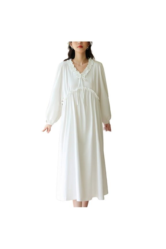 Women's Cotton Victorian Nightgown Comfy Fall Ruffle Spring Spandex Pjs Princess Pajamas Soft Long Winter White Small