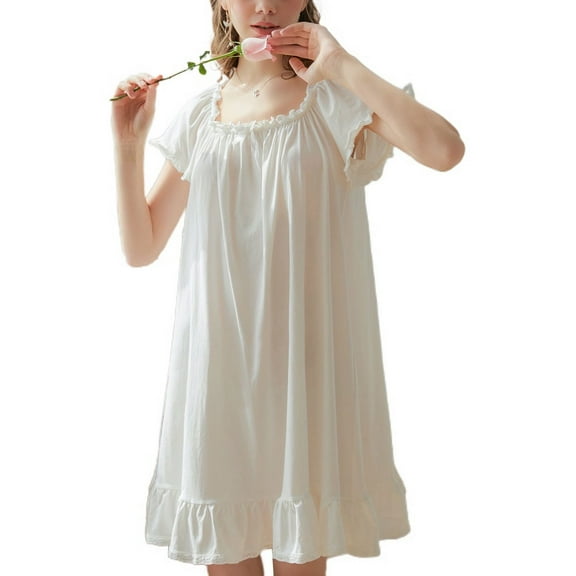 SWSMCLT Women's Cotton Victorian Nightgown Cute Pajama Dress Frilly Summer Sleepwear Princess Sleep Dress Short Sleeve Vintage Comfy Spring Bow Loungewear White X-Small