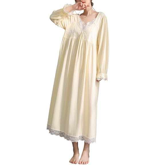 SWSMCLT Women's Cotton Victorian Nightgown Soft Cute Oversized Cool Long Sleeve Sleepwear Vintage Night Gown Princess Sleep Dress Yellow Medium-Large
