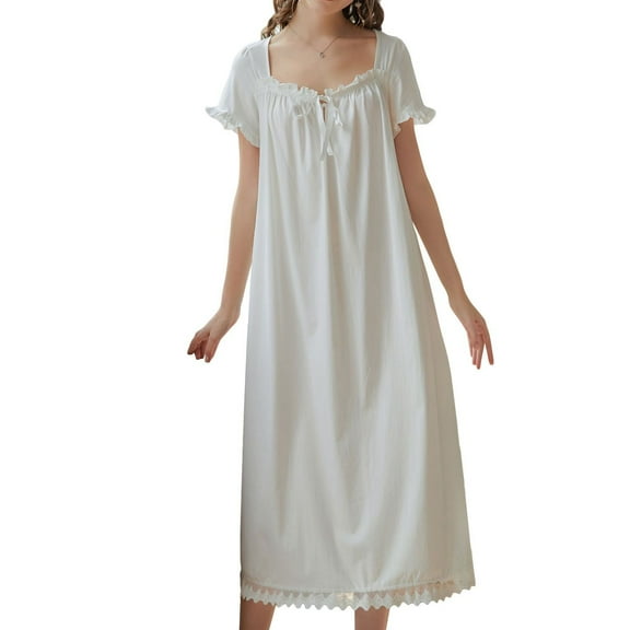 SWSMCLT Women's Cotton Victorian Nightgown Vintage Princess Ruffle Pajama Dress Short Sleeve Frilly Old Fashioned Long Sleep Dress Cute Lace Soft Summer White X-Large