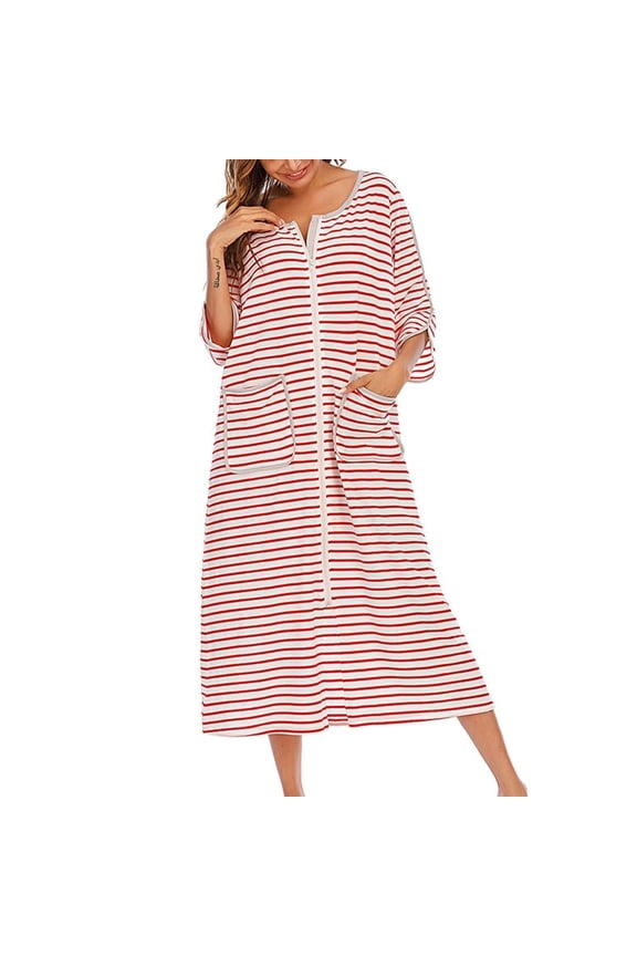Women's Cotton Zip Up Robe Pockets Loose Fit Fall Spring Soft Bathrobe Quarter Sleeve Duster Robe Full Zipper Long House Coat Red Striped Medium