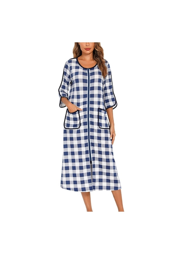 Women's Cotton Zip Up Robe Pockets Loose Fit Fall Spring Soft Bathrobe Quarter Sleeve Duster Robe Full Zipper Long House Coat Blue XX-Large