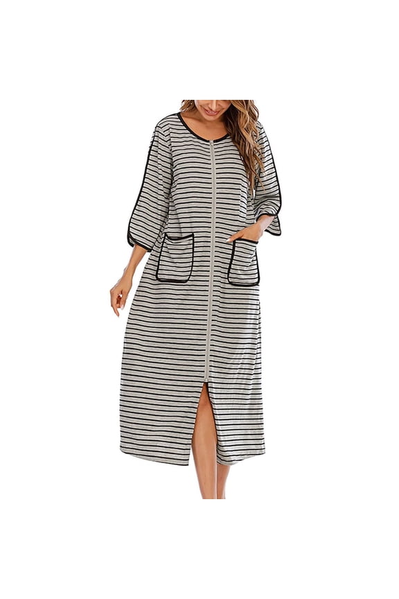 Women's Cotton Zip Up Robe Pockets Loose Fit Fall Spring Soft Bathrobe Quarter Sleeve Duster Robe Full Zipper Long House Coat Grey Small