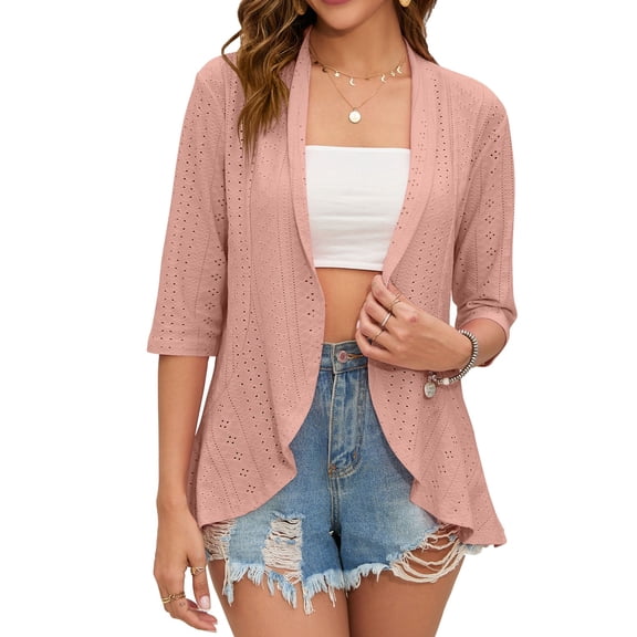 SWSMCLT Women's Crochet Blouse Cute Open Front Cardigan Shirt Short Sleeve Ruffle Top Casual Summer Slim Fit Irregular Hem Draped Light Pink XX-Large