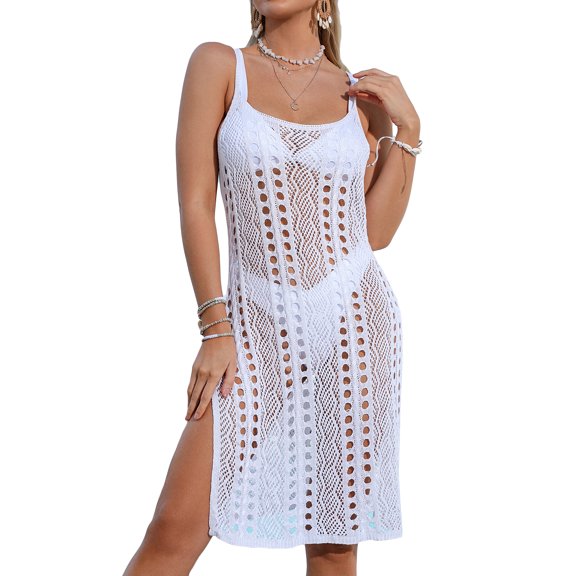 SWSMCLT Women's Crochet Swim Cover Up Beach Dress Sundress Bathing Suit Slit Sexy Bikini Coverups Sleeveless Side Spit Hollow Out Swimsuit Summer Knit Knitted White Small