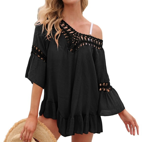 SWSMCLT Women's Crochet Swim Cover Up Dress Backless Ruffled 3/4 Sleeve Bathing Suit Ruffle Swimsuit Bikini Coverups Tie Open Back Swimwear Flowy Black One Size