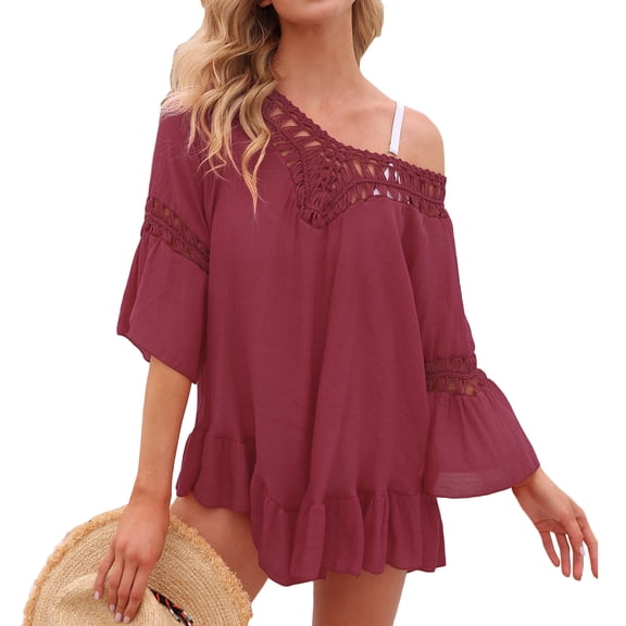 SWSMCLT Women's Crochet Swim Cover Up Dress Backless Ruffled 3/4 Sleeve Bathing Suit Ruffle Swimsuit Bikini Coverups Tie Open Back Swimwear Flowy Red One Size