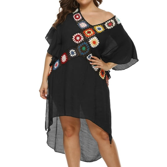 SWSMCLT Women's Crochet Swim Cover Up Dress Cover Up Slit V Neck Bathing Suit High Low Batwing Sleeve Beach Floral Side Split Hollow Out Swimsuit Bikini Swimwear Black One Size