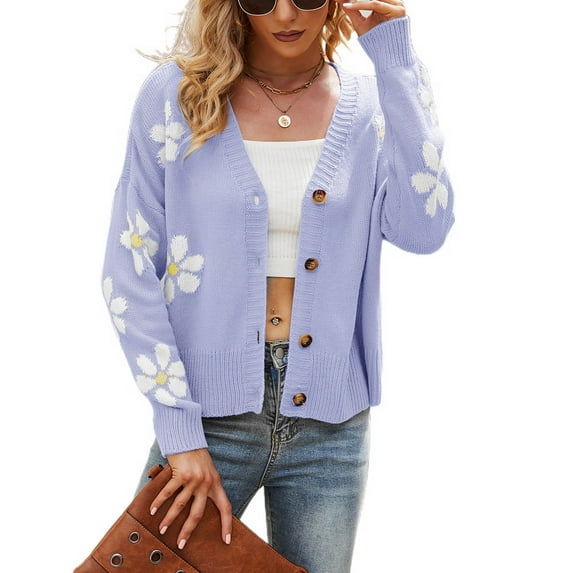 SWSMCLT Women's Crop Sweater Soft Floral Winter V Neck Knit Long Sleeve Warm Button Down Cardigan Fashion Cozy Slouchy Short Light Purple Small