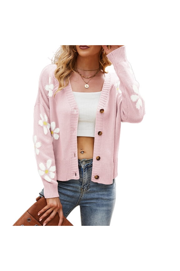 Women's Crop Sweater Soft Floral Winter V Neck Knit Long Sleeve Warm Button Down Cardigan Fashion Cozy Slouchy Short Pink Medium