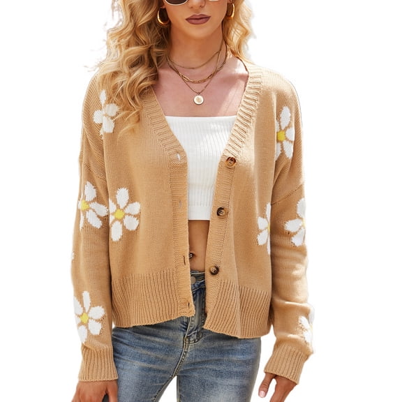 SWSMCLT Women's Crop Sweater Soft Floral Winter V Neck Knit Long Sleeve Warm Button Down Cardigan Fashion Cozy Slouchy Short Umber Large