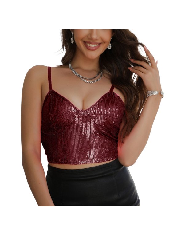 Women's Crop Top Sequin Tank Top Sexy Metallic Backless Sleeveless Deep V Neck Push Up Fashion Vest Top Burgundy Small