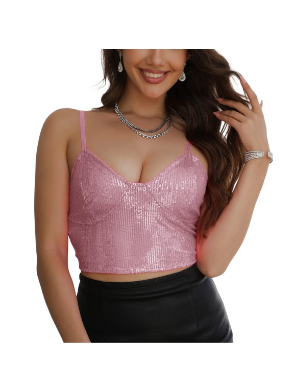 Women's Crop Top Sequin Tank Top Sexy Metallic Backless Sleeveless Deep V Neck Push Up Fashion Vest Top Pink Large