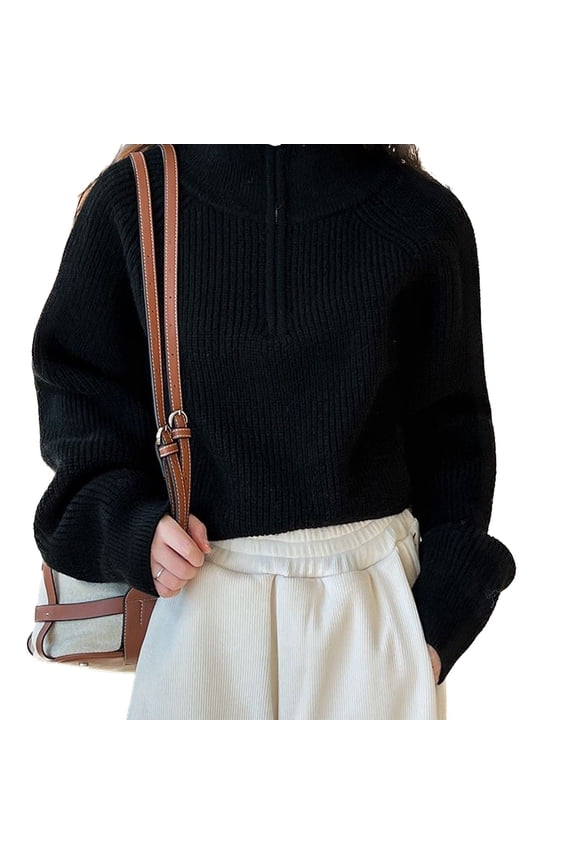 Women's Crop Top Soft Pullover Sweater Zip Spring Fall Loose Oversized Warm Knit High Neck Short Winter Black Small-Large