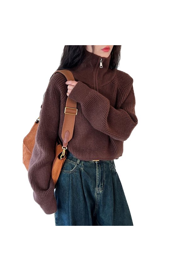 Women's Crop Top Soft Pullover Sweater Zip Spring Fall Loose Oversized Warm Knit High Neck Short Winter Brown Small-Large