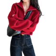 thumbnail image 1 of SWSMCLT Women's Crop Top Soft Pullover Sweater Zip Spring Fall Loose Oversized Warm Knit High Neck Short Winter Red Small-Large, 1 of 1