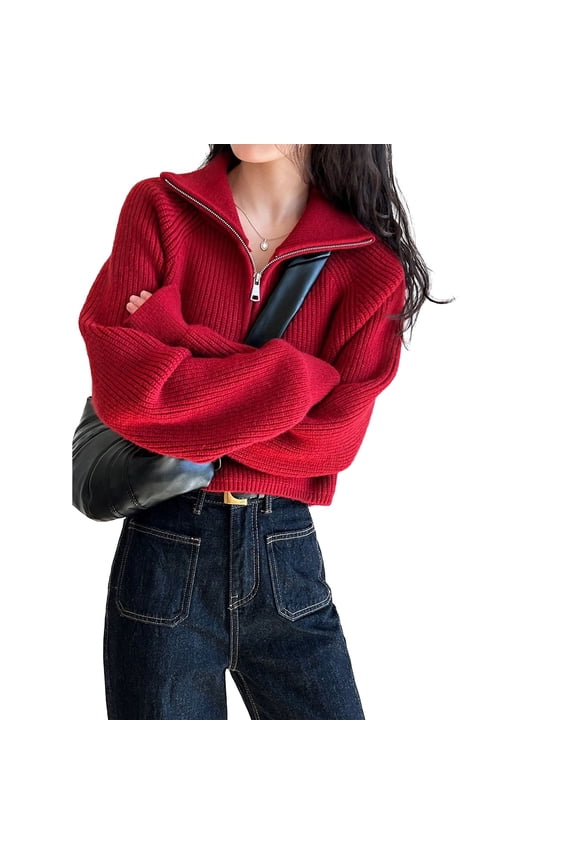 Women's Crop Top Soft Pullover Sweater Zip Spring Fall Loose Oversized Warm Knit High Neck Short Winter Red Small-Large