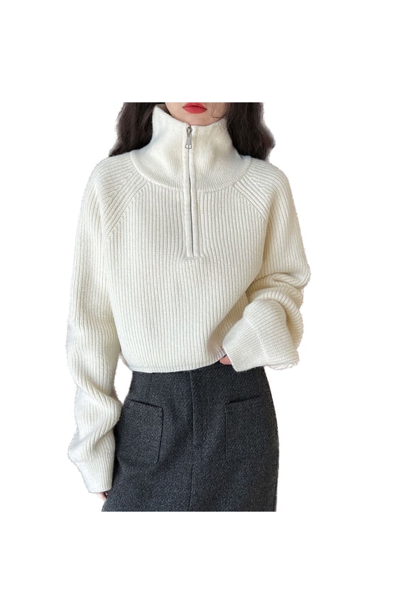 Women's Crop Top Soft Pullover Sweater Zip Spring Fall Loose Oversized Warm Knit High Neck Short Winter White Small-Large