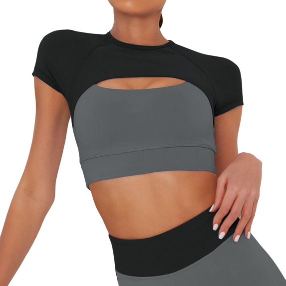SWSMCLT Women's Short Sleeve Shirt Workout Stretch Fitness Active Yoga Cropped Tops Fitted Cut Out Summer Soft Grey Small