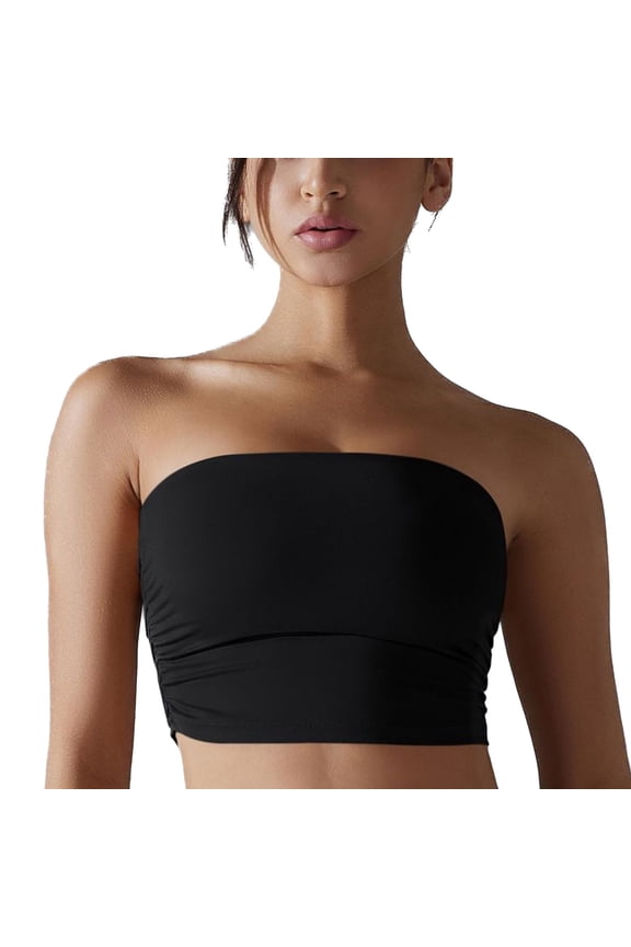 Women's Crop Tube Top Tube Top Ruched Summer Casual Light Soft Tight Yoga Fitted Sexy Strapless Top Black X-Large
