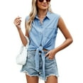 thumbnail image 1 of SWSMCLT Women's Crop Vest Summer Tank Top Streetwear Cozy Top Sleeveless Fashion Denim Casual Button Lapel Blue Small, 1 of 5