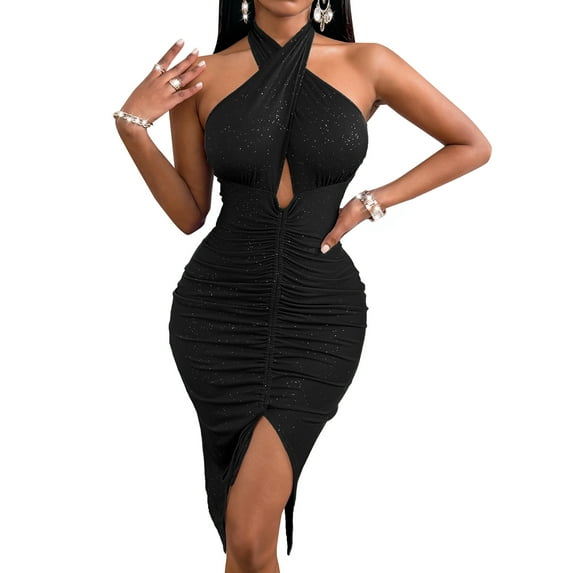 SWSMCLT Women's Cut Out Bodycon Dress Glitter Rhinestone Wrap Keyhole Ruched Halter Backless Midi Night Out Outfit Party Midi Dresses Dresses High Slit Clubwear Black Small