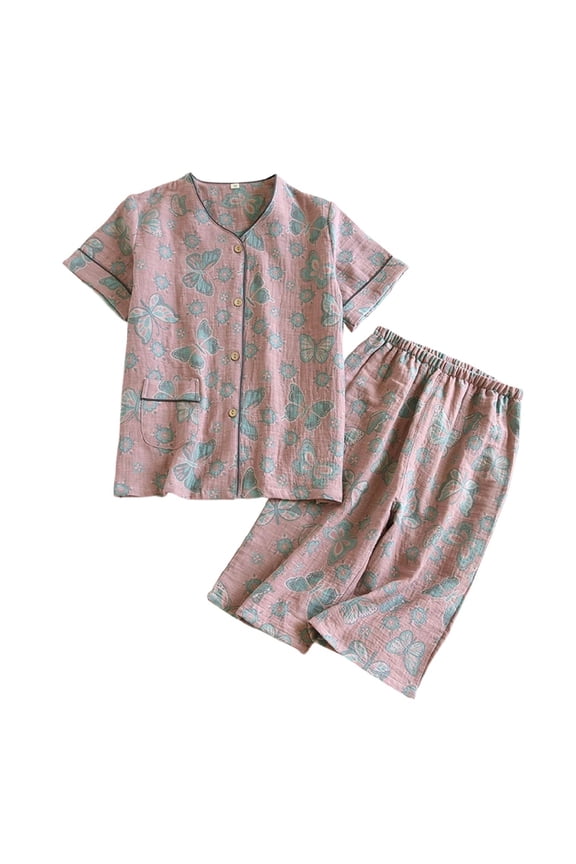 Women's Cute Cotton Pajama Set Capri Pj 2 Piece Short Sleeve Spring Button Summer Fall Sleepwear Pink Medium