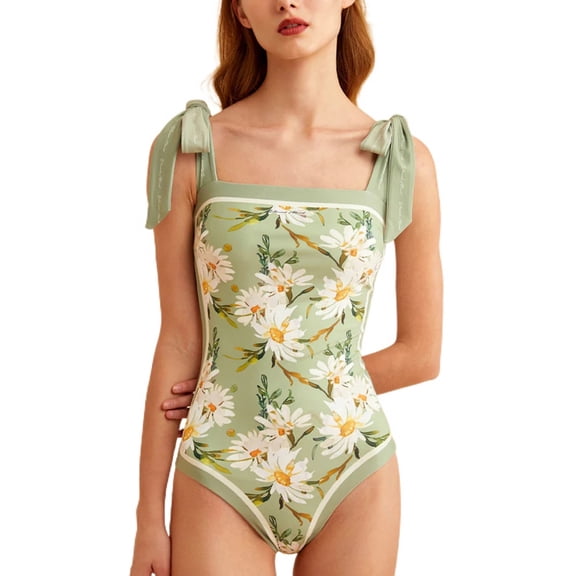 SWSMCLT Women's Cute Floral One Piece Swimsuit Swimwear Graphic Padded Beach Surfing Swimming Suit Convertible Vintage Square Neck Knotted Modest Teen Junior Bathing Suit Green Medium