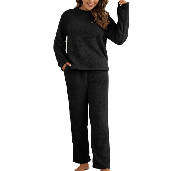 SWSMCLT Women's Cute Fuzzy Pajama Set Warm Warm 2 Piece Winter Soft Long Sleeve Fleece Stretchy Comfy Casual Pant Black Large