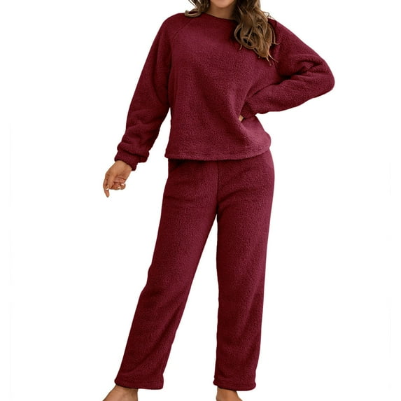 SWSMCLT Women's Cute Fuzzy Pajama Set Warm Warm 2 Piece Winter Soft Long Sleeve Fleece Stretchy Comfy Casual Pant Burgundy Medium