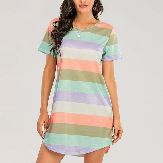 SWSMCLT Women's Cute Pajama Dress Rainbow Short Sleeve Nightgown Lightweight Cotton Summer Short Sleep Shirt Sleepwear Soft Style1 Small