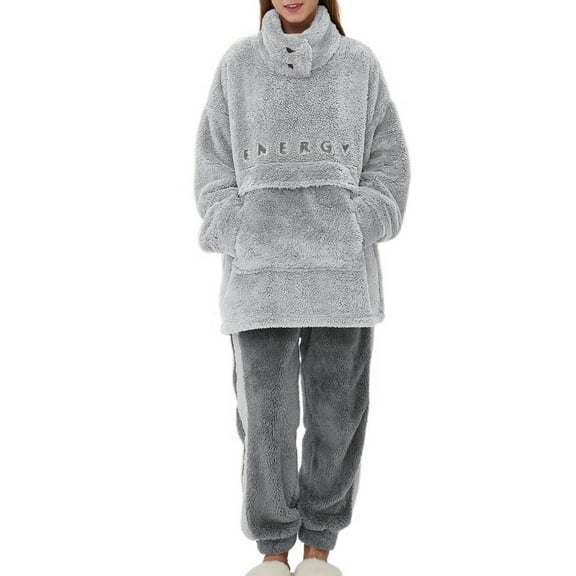 SWSMCLT Women's Cute Pajama Set Flannel Long Sleeve Pant2 Piece Pj Fleece Warm Fuzzy Winter Grey Small-Medium