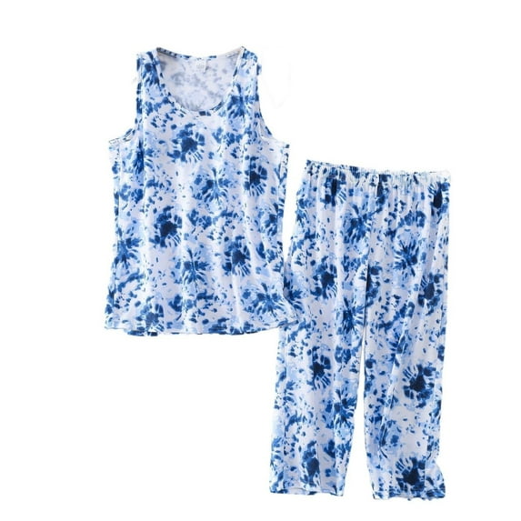 SWSMCLT Women's Elastic Waist Pjs Summer Sleepwear Lightweight Soft 2 Piece Lounge Set Cute Pajama Set Patterned Cotton Tank Capri Set Sleeveless Blue Large