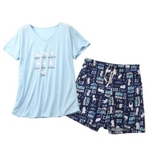 SWSMCLT Women's Cute Pajamas Cotton Pajama Set Summer Thin Drawstring Pjs Soft Funny V Neck Cool Fall Comfy Loose Blue Cat Medium