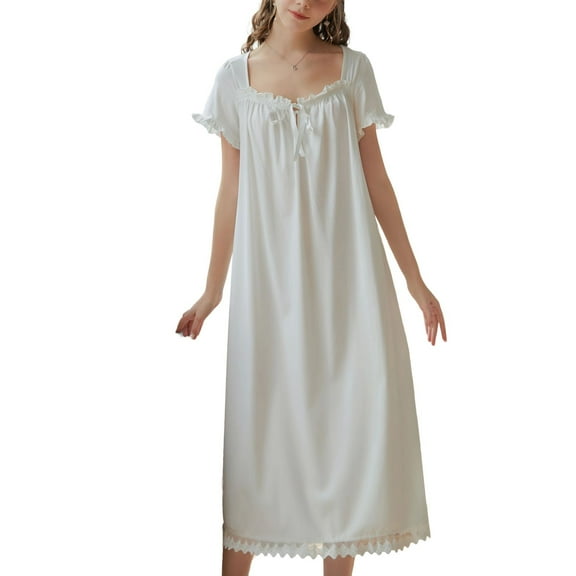 SWSMCLT Women's Cute Pajamas Long Nightgown Holiday Sleeping Vintage Classic Mid Cozy Elegant Pjs Calf Length White Medium