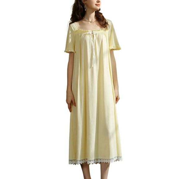 SWSMCLT Women's Cute Pajamas Long Nightgown Holiday Sleeping Vintage Classic Mid Cozy Elegant Pjs Calf Length Yellow Medium