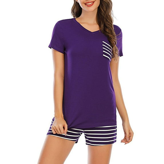 SWSMCLT Women's Cute Pajamas Short Sleeve Pjs Breathable Spring Spandex 2 Piece Soft Comfy Fall Summer Cool Purple Large