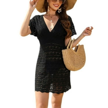 SWSMCLT Women's Deep V Neck Beach Dress Bikini Swimsuit Coverup Dress Cover Up Knitted Crochet Cover Up Dress Summer Fitted Soft Short Sleeve High Waisted Black 4-6