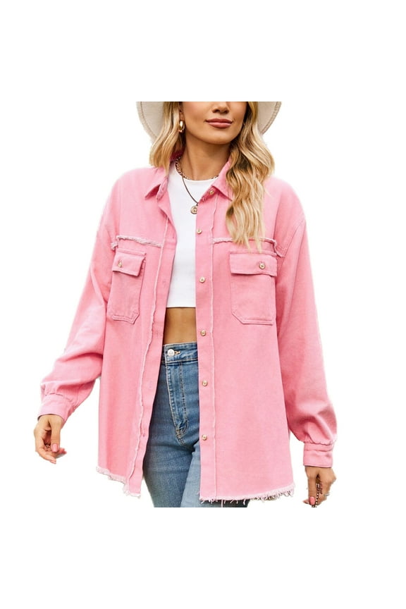 Women's Denim Button Down Shirt Boyfriend Loose Lapel Top Spring Coat Long Sleeve Button Fashion Thin Pink X-Large