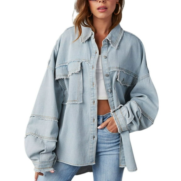 SWSMCLT Women's Denim Button Down Shirt High Low Fashion Outerwear Casual Western Top Pocket Shirt Shacket Blue Medium